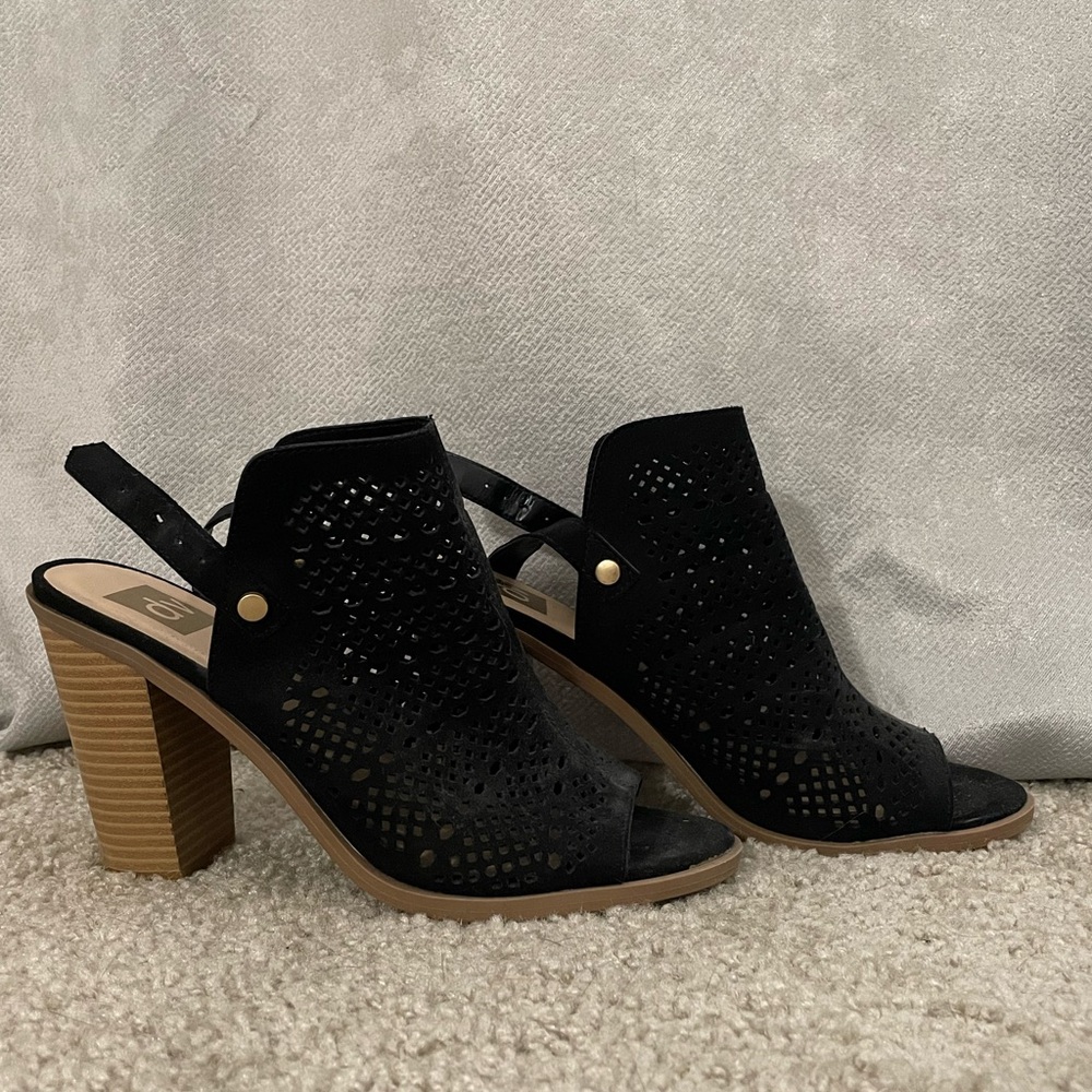 Black, patterned wedges; worn once